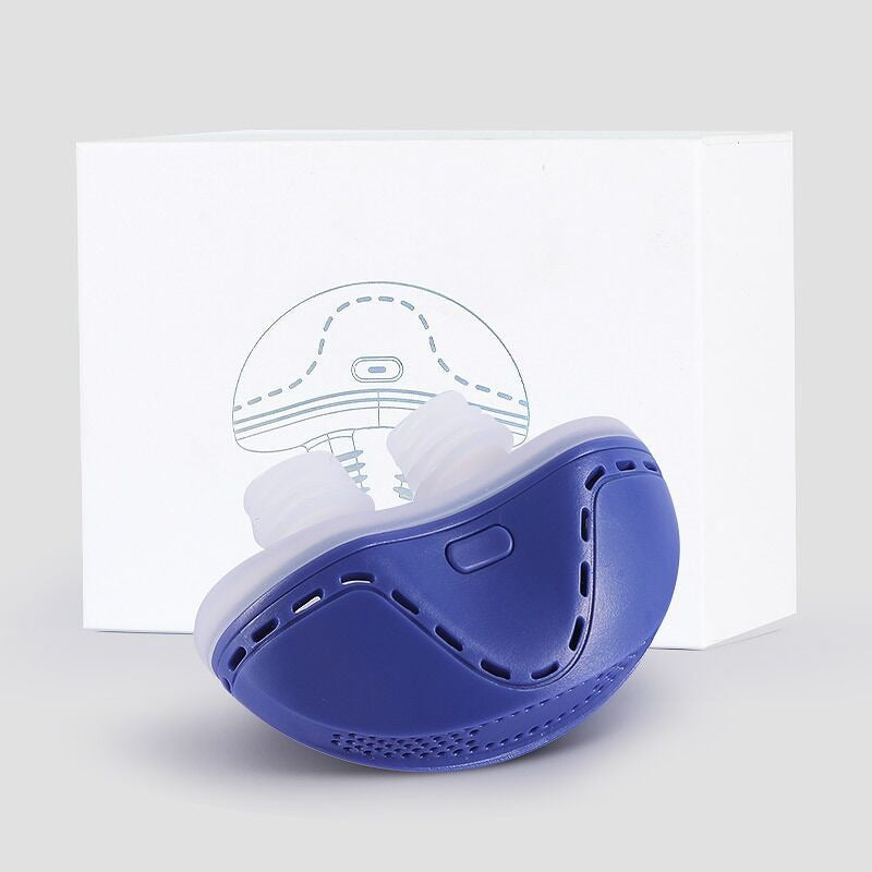 Blue electronic anti snoring device with mouthpiece and box packaging.