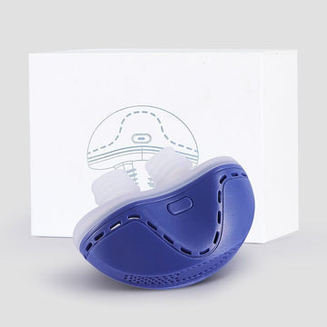 Blue electronic anti snoring device with mouthpiece and box packaging.