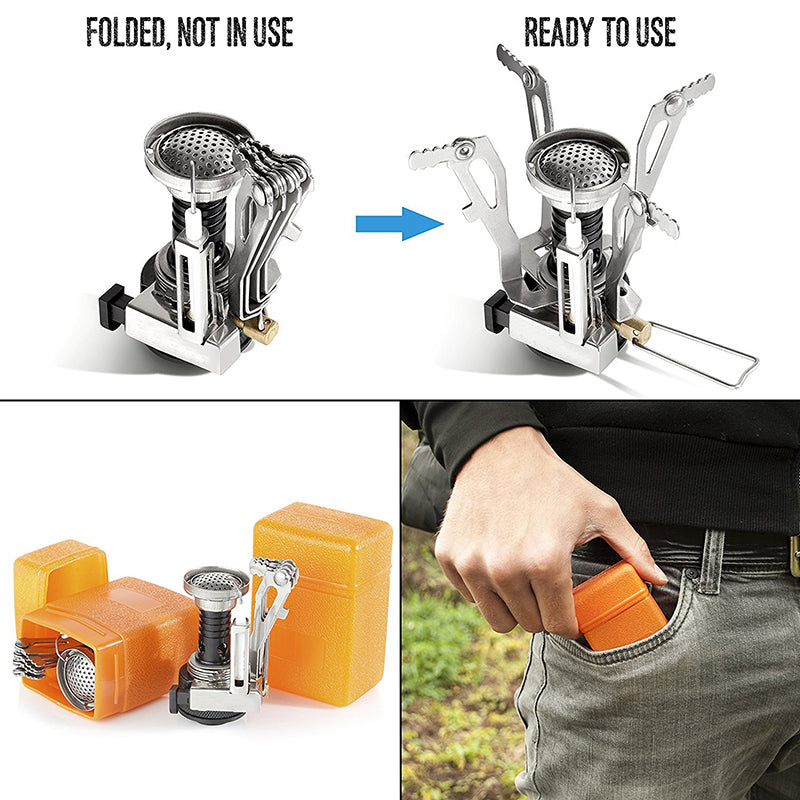Portable mini camping stove shown folded and ready, with stainless burner and folding legs