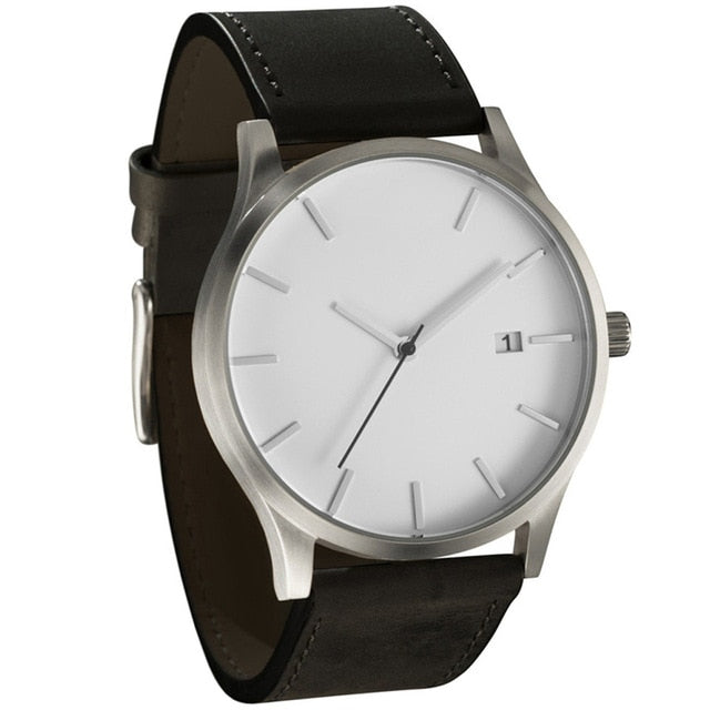 Men's fashion watch with white dial and black leather-style strap, silver-tone case and crown.