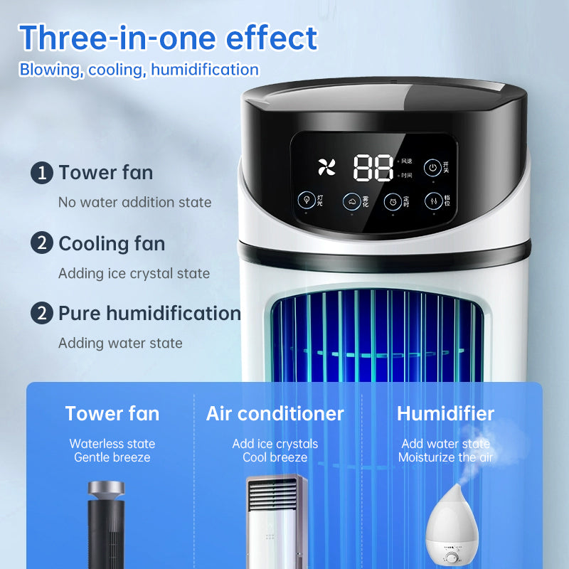 Tower air cooler fan with blue humidifying grille and top control panel, black and white