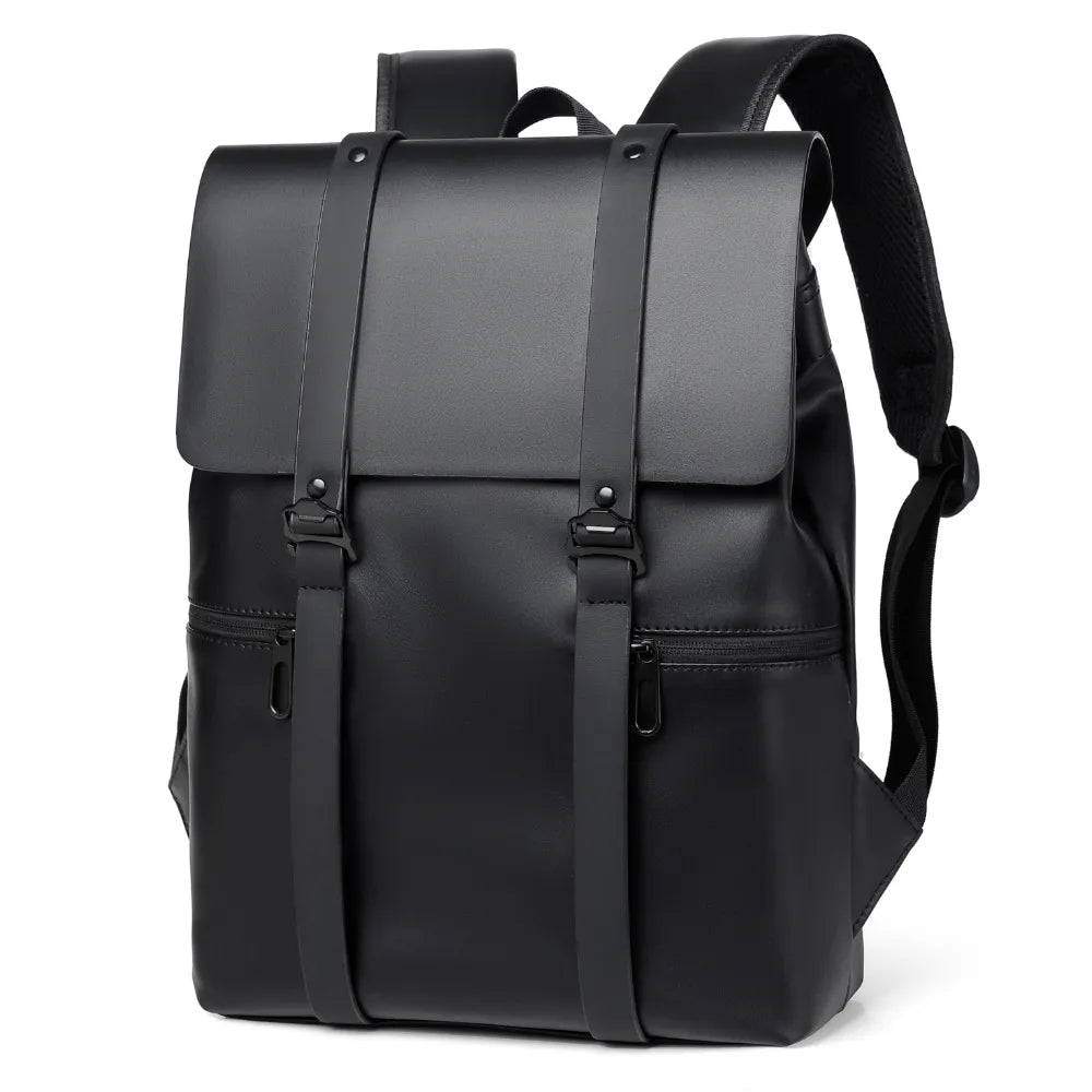 Black PU leather backpack with adjustable shoulder straps and front buckle panel