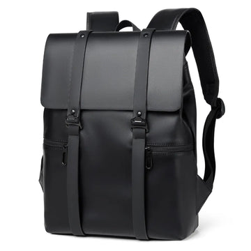 Black PU leather backpack with adjustable shoulder straps and front buckle panel