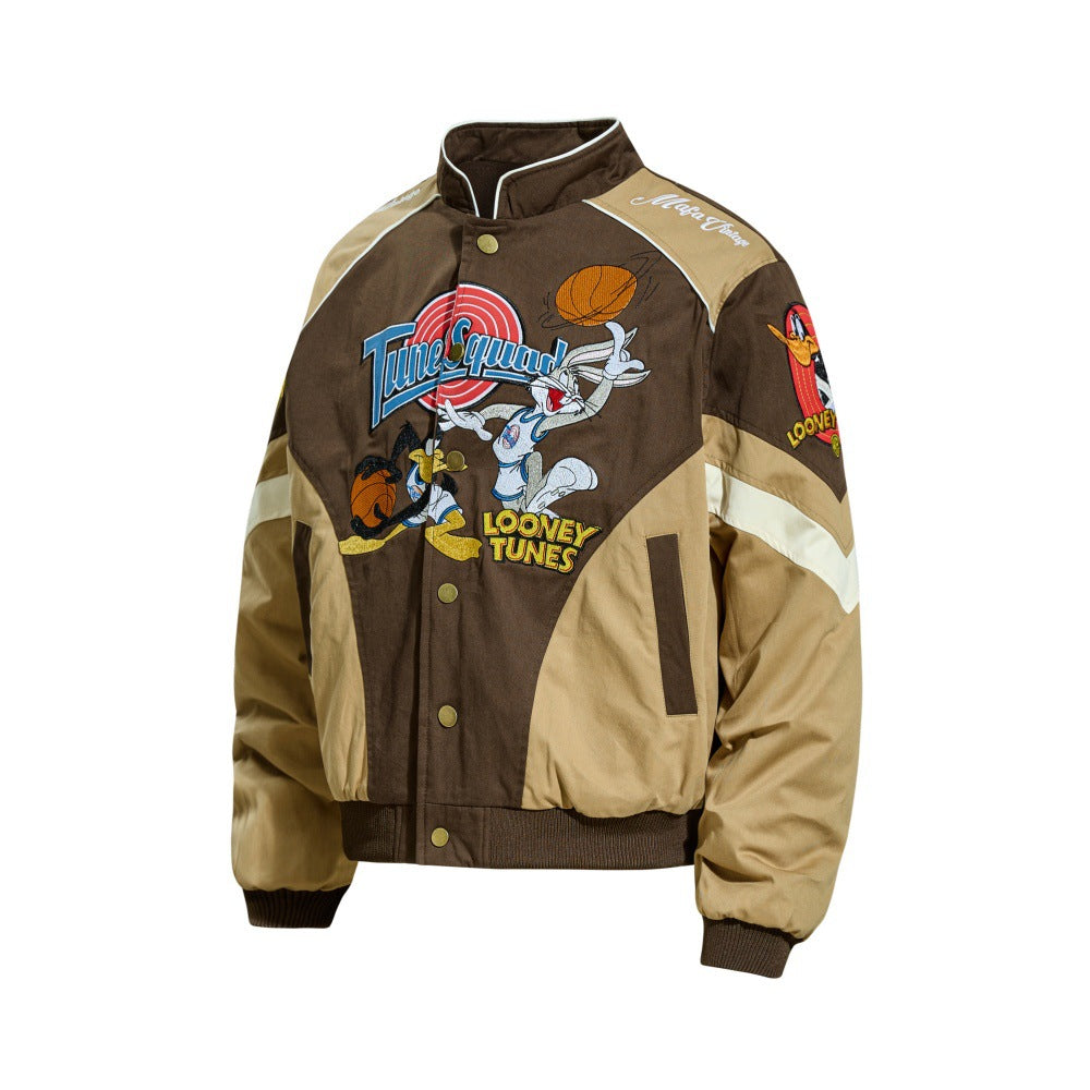 Brown and tan colorblock stand-collar jacket with Looney Tunes graphic and snap buttons