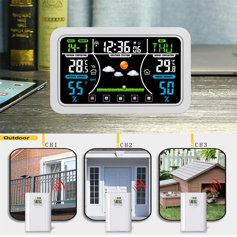 White wireless weather clock with color touchscreen display and digital readings