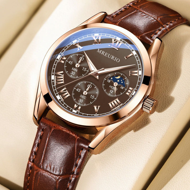 Men's quartz business watch with brown leather strap, rose-gold case, dark dial