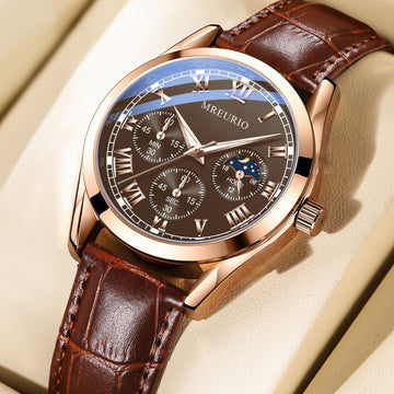 Men's quartz business watch with brown leather strap, rose-gold case, dark dial