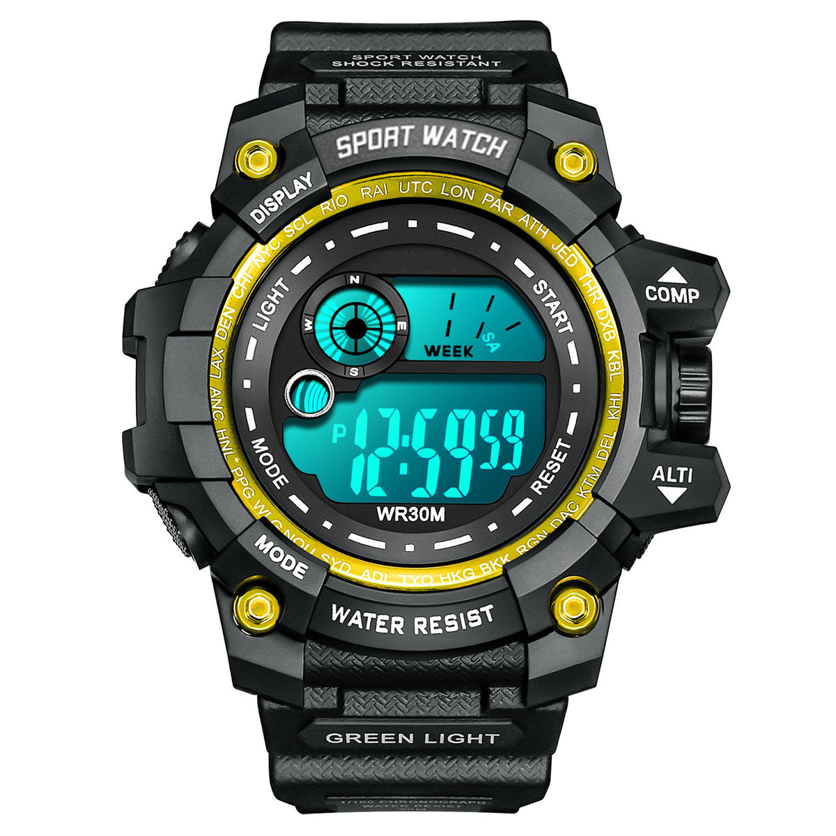 Black sporty digital student watch with teal illuminated digits and gold button accents