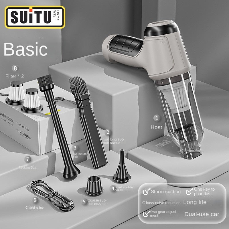 Handheld vacuum cleaner with assorted attachments: long nozzle, brush tools, and crevice tip