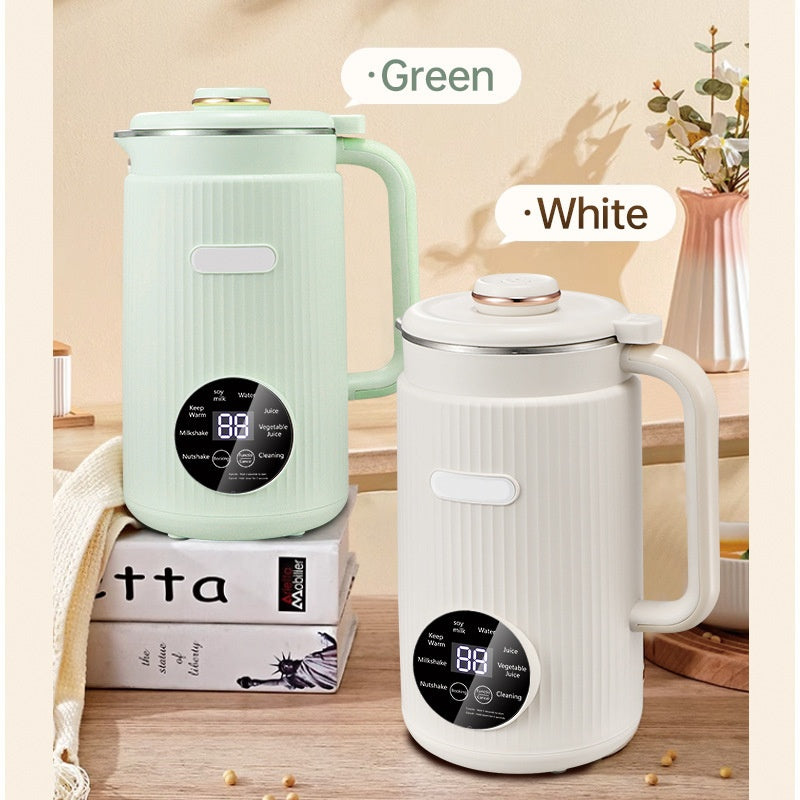 Green and white electric soy milk maker jugs with lids and round digital control panels.