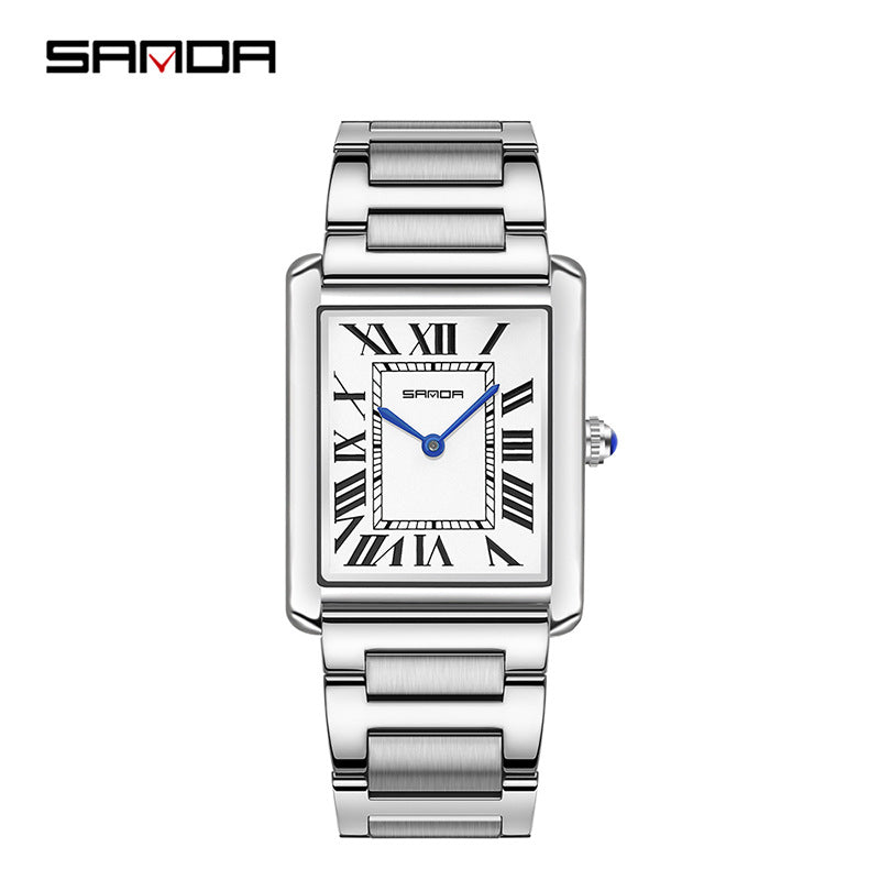Square Roman numeral quartz wristwatch with silver metal bracelet and light dial, blue hands