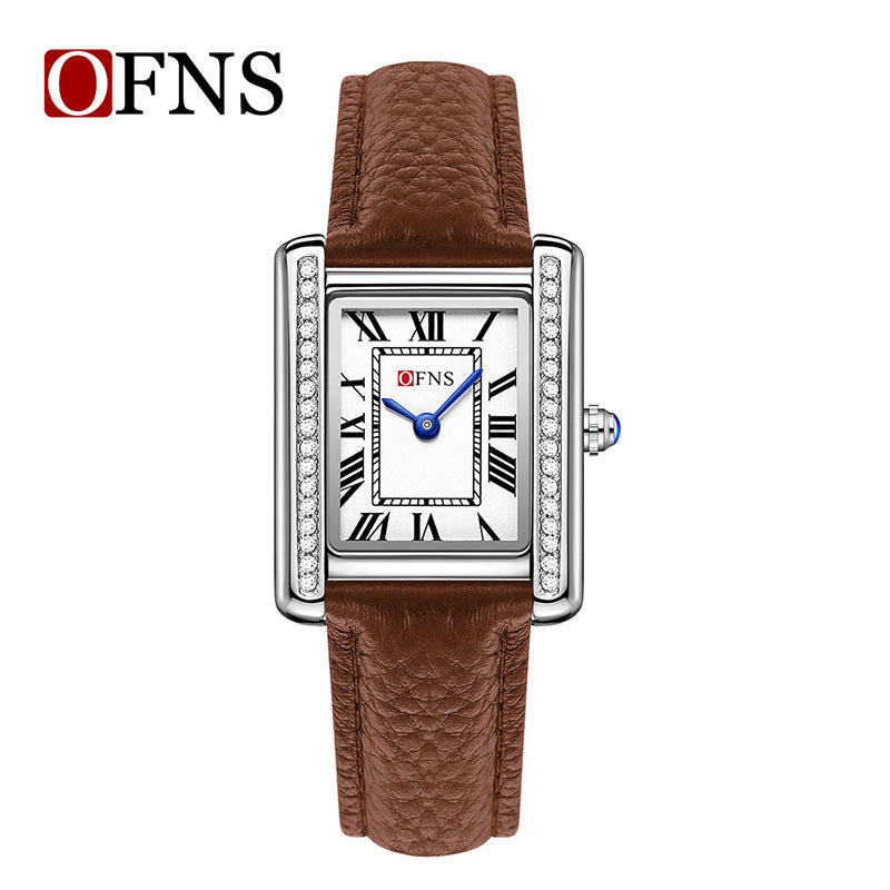 Square Roman numeral quartz wristwatch with brown leather strap, silver bezel stones, light dial
