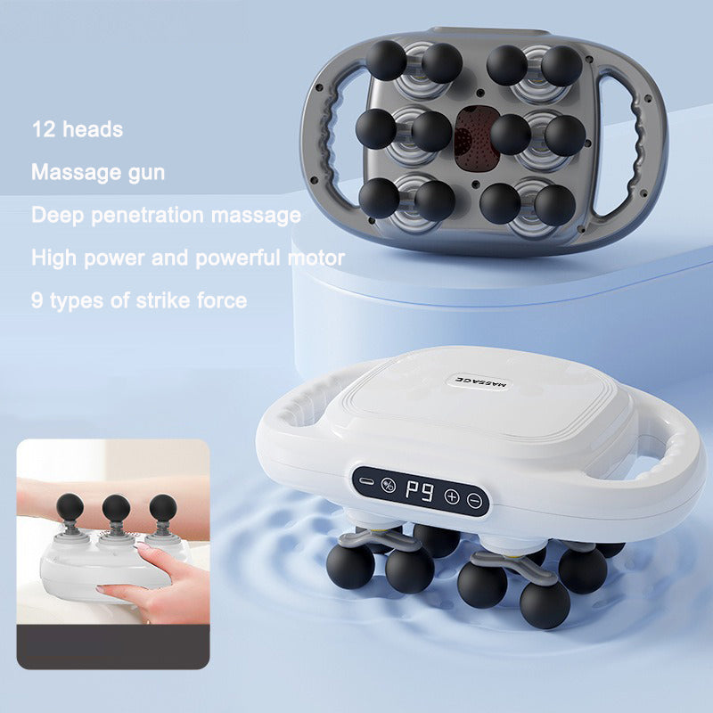 White multi-head fascia gun massager with black massage heads and control panel
