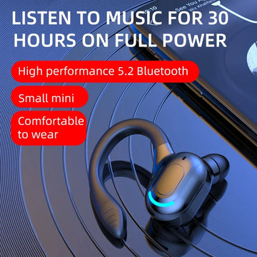 Black single-ear Bluetooth earphone with U-shaped ear hook and glowing status ring
