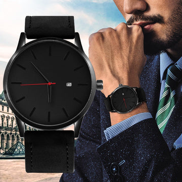 Men's fashion watch with black dial and black leather-style strap, red second hand.