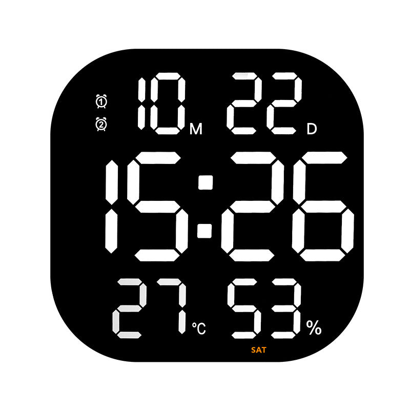 LED wall clock with white time and large white countdown, white icons, and °C/%