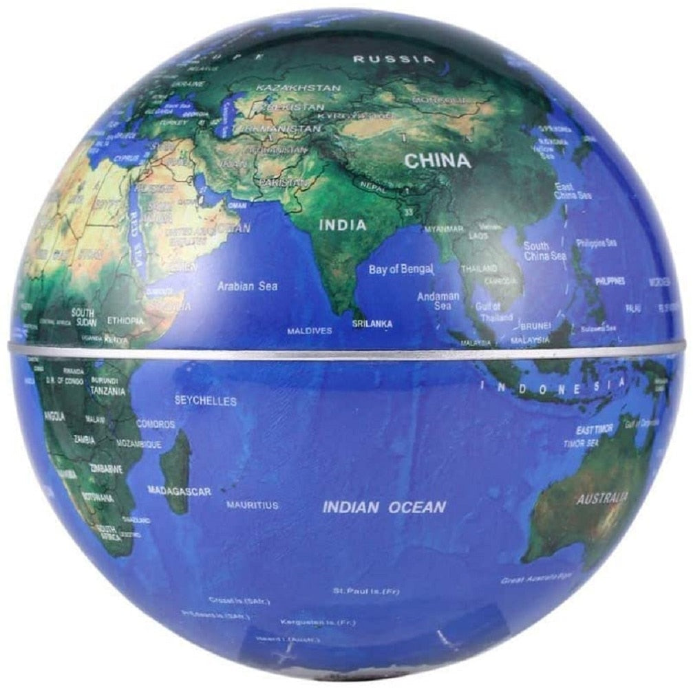Close-up LED floating globe showing world map with blue ocean and labeled regions