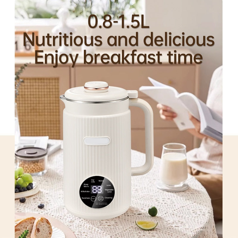 White electric soy milk maker jug, 0.8–1.5L, with round digital display panel and lid.