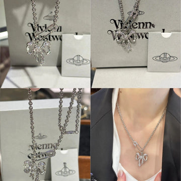 Silver bow pendant necklace with matching stud earrings