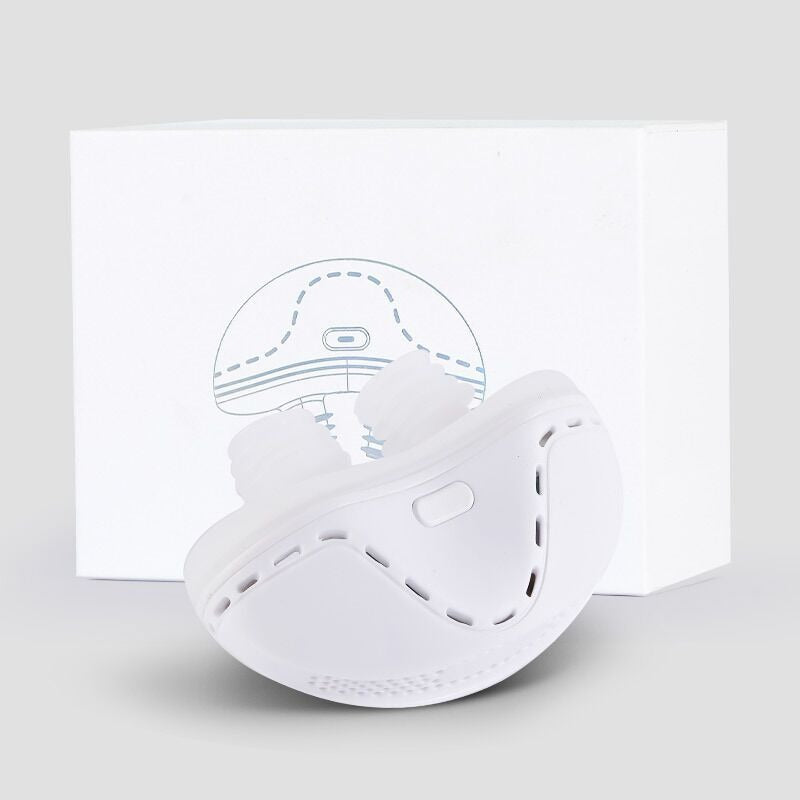 White electronic anti snoring device with mouthpiece and box packaging.