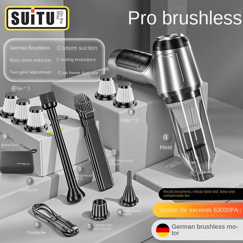 Pro handheld vacuum cleaner with multiple attachments, charging cable, and storage box
