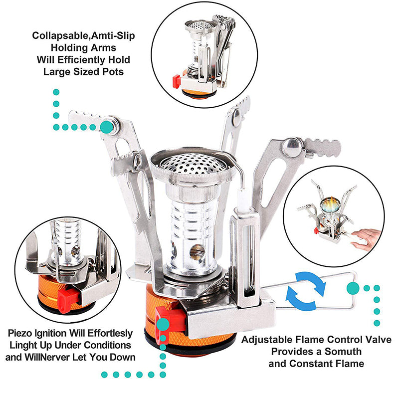 Portable mini camping stove with folding arms, stainless burner head and adjustable valve