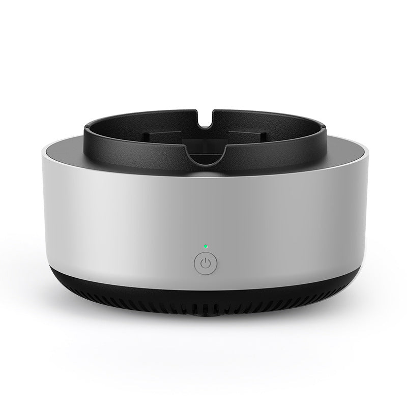 Gray air purifier ashtray with black open top and power button indicator