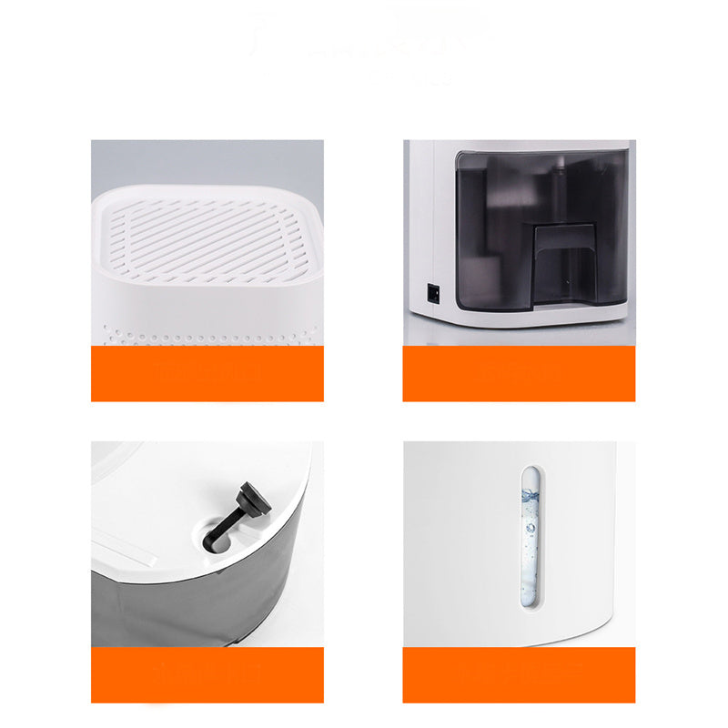 White mini dehumidifier detail views: vented top, water window, and indicator panel