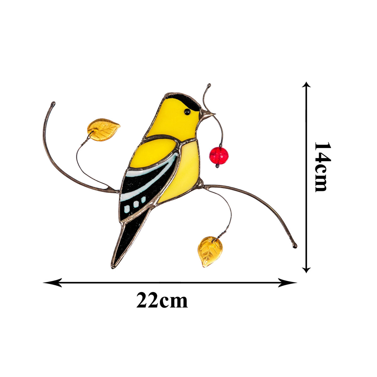 Cartoon bird wall sticker with yellow body and black accents, 22 x 14 cm branch design