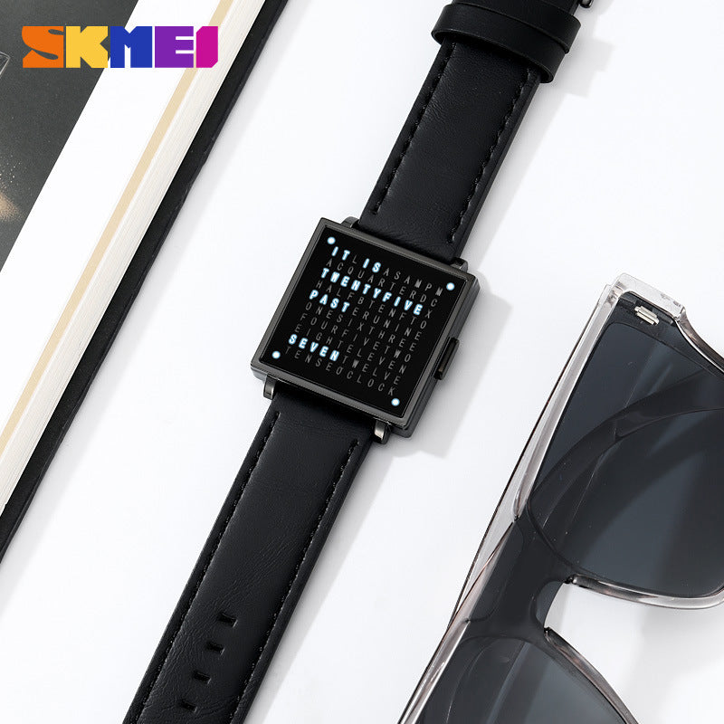 Black LED digital watch with square dark face and black leather strap