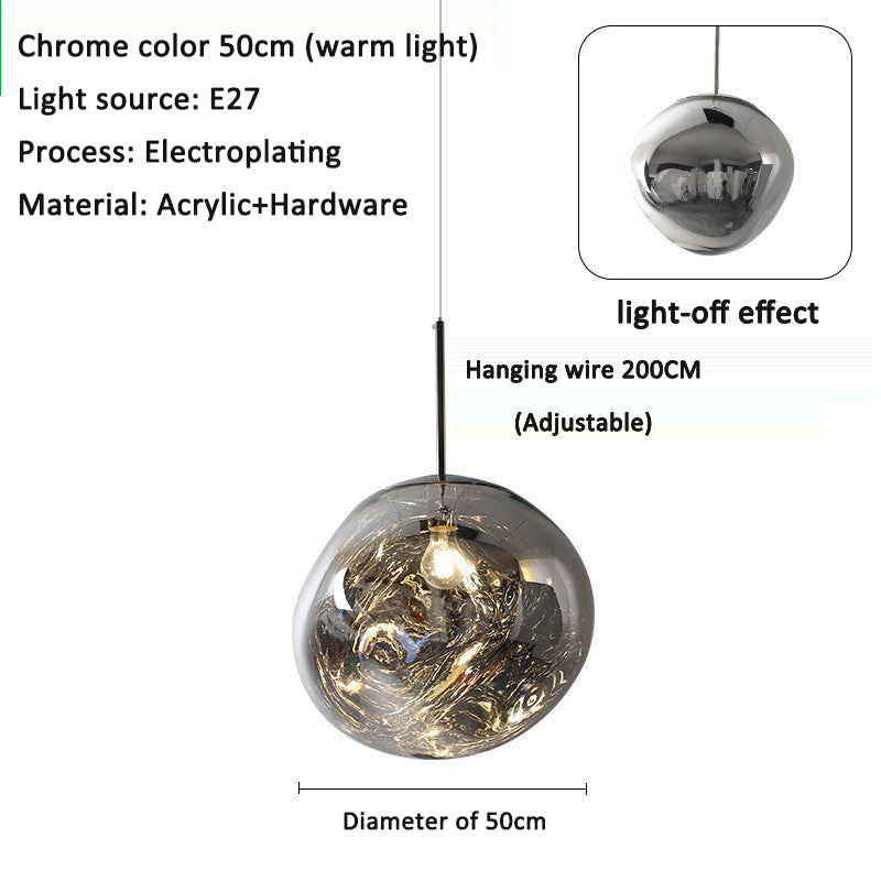 Single chrome spherical acrylic pendant globe with adjustable hanging wire, 50cm diameter