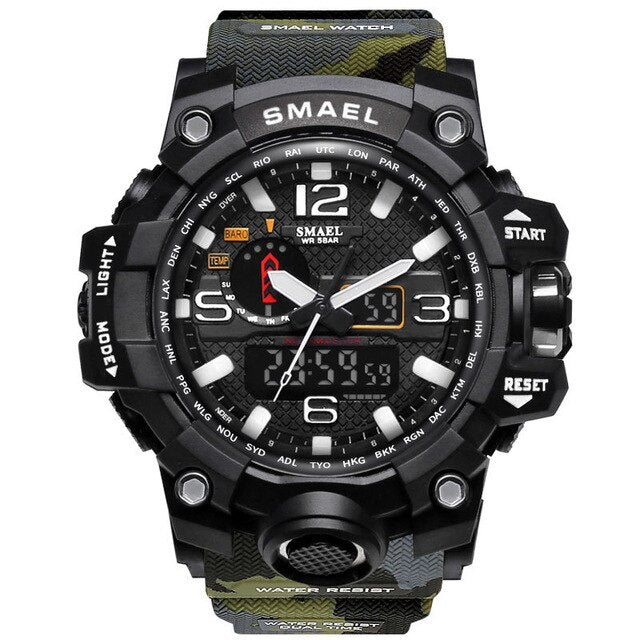 Men's digital LED sports watch with camo green silicone strap and black rugged case