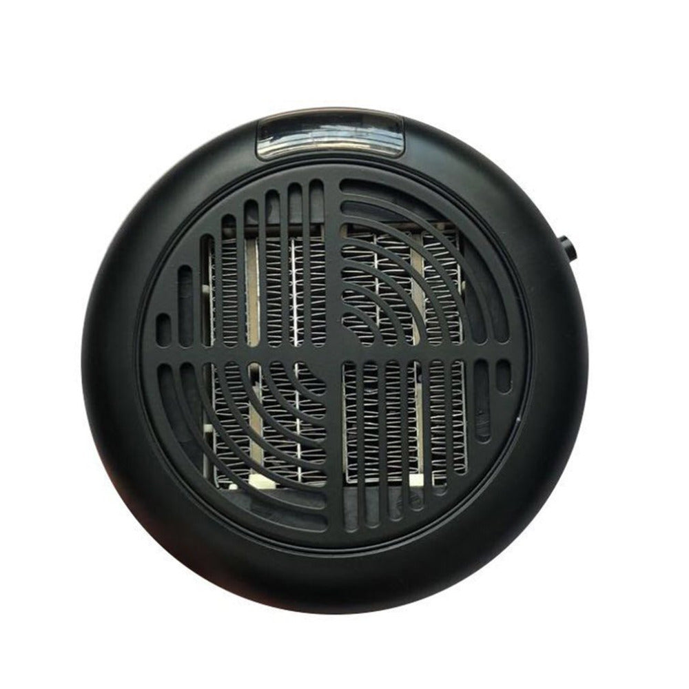 Black circular portable electric heater with front fan grille and power button
