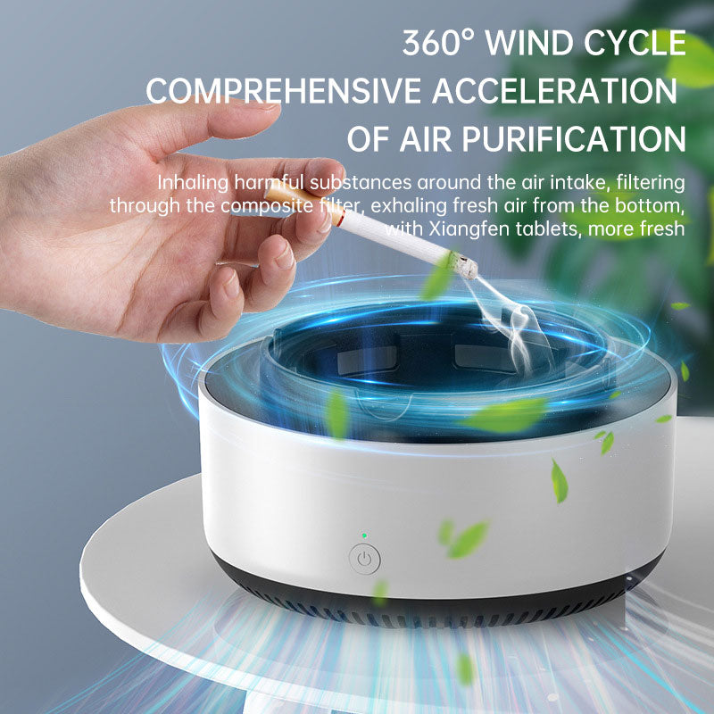 White air purifier ashtray with glowing airflow around the open top and a cigarette