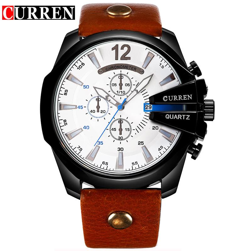 Men's quartz wristwatch with white dial, black bezel, and brown leather strap