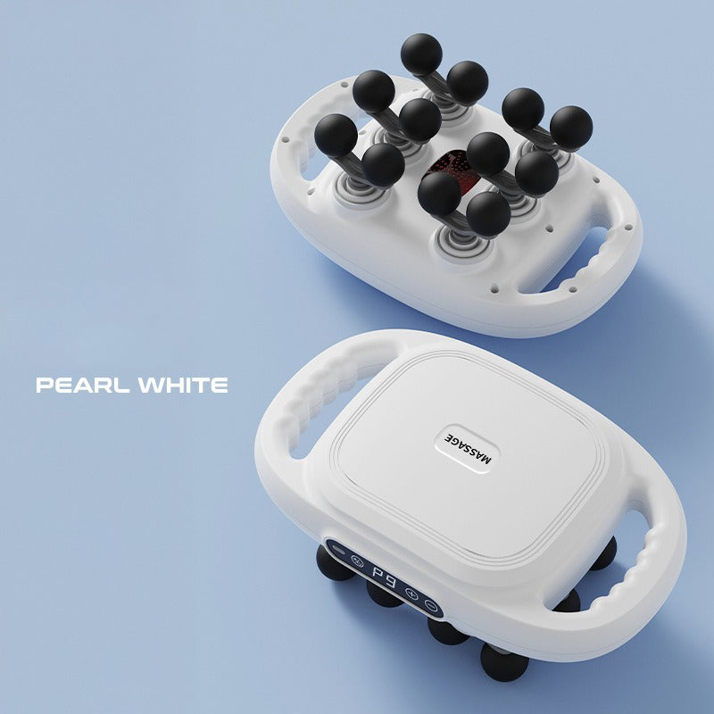 Pearl white multi-head fascia gun massager with black massage heads