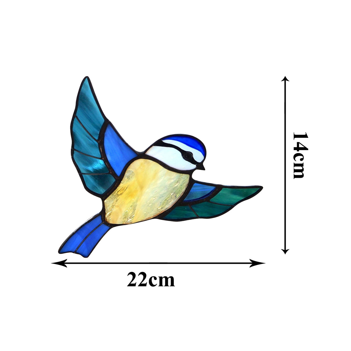 Cartoon bird wall sticker with blue and yellow wings, 22 x 14 cm flying pose