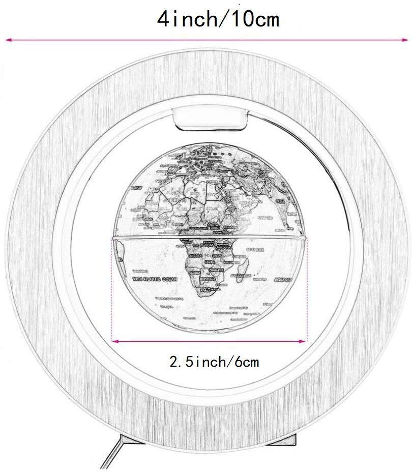 Magnetic levitation LED globe size diagram: 4 in outer ring, 2.5 in globe height
