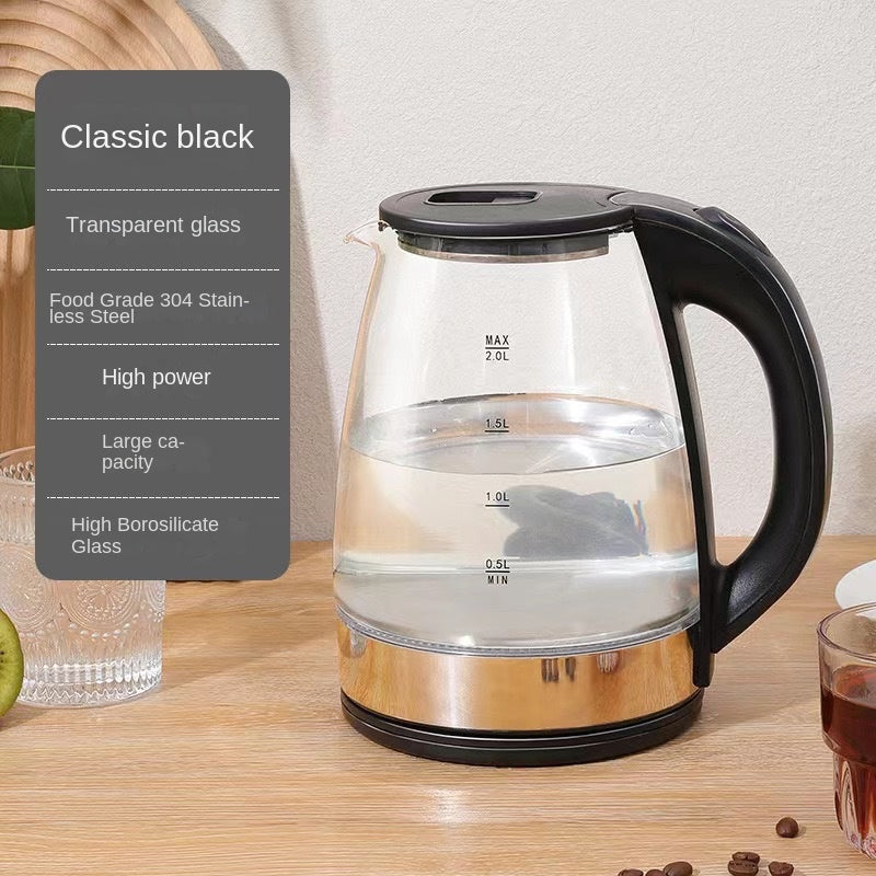 Black and clear glass electric kettle with MAX 2.0L volume measurement markings