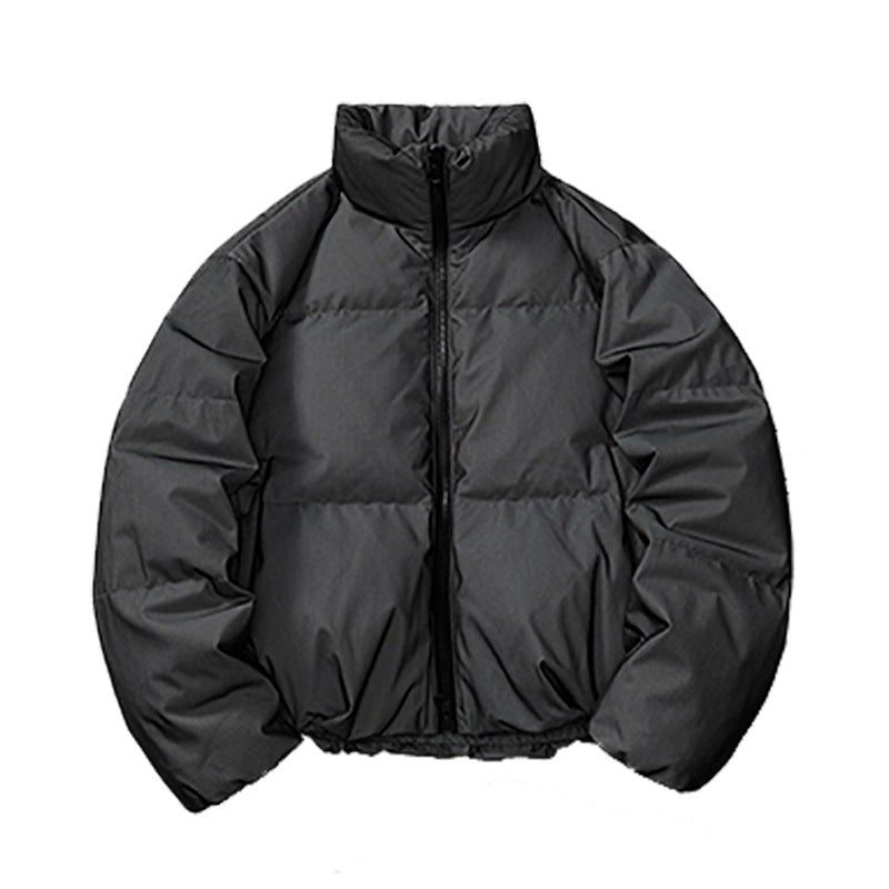 Black stand-collar reflective down jacket, full-zip front and quilted padding