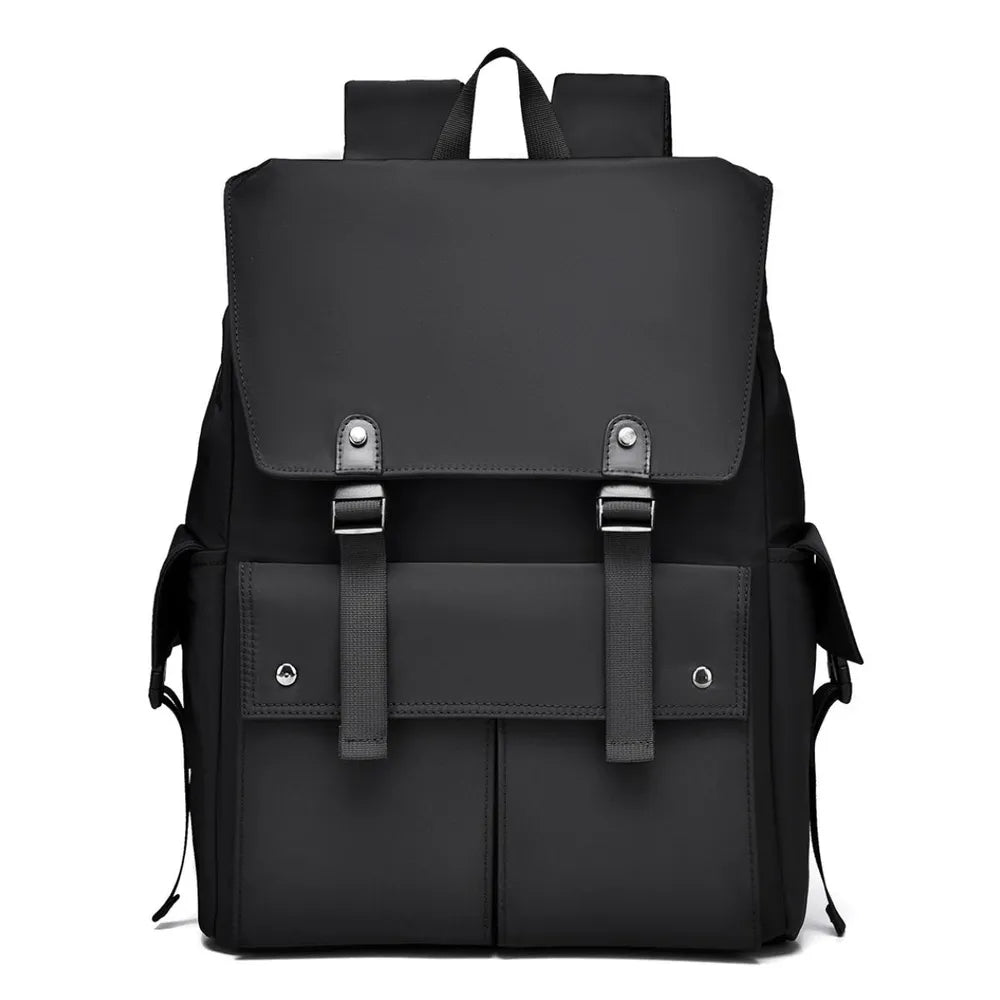Black PU leather backpack front view with flap closure, two buckled straps, and side cords