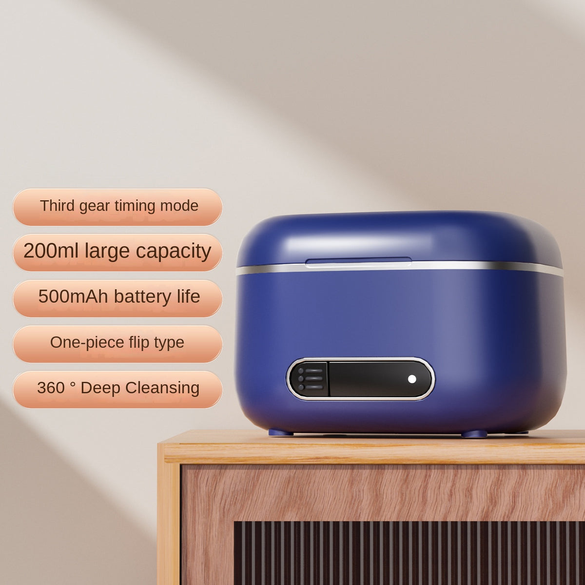 Blue ultrasonic denture cleaner on wooden stand with oval control window on front