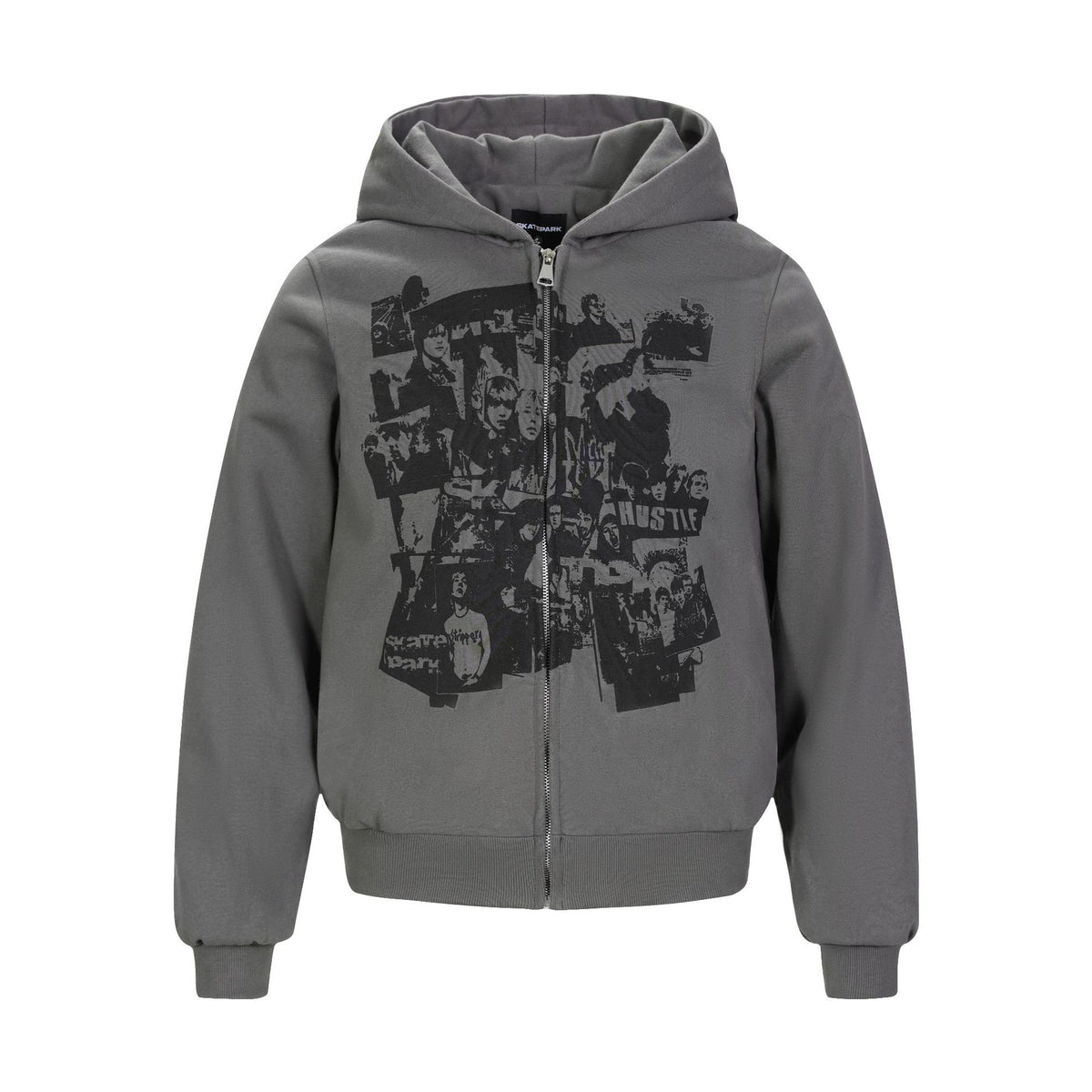 Dark gray zip-up hoodie with black photo-style collage graphic and hood