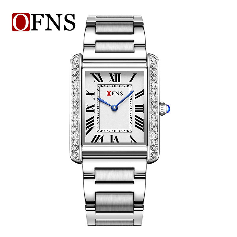 Square Roman numeral quartz wristwatch with silver metal bracelet, stone bezel detail, light dial