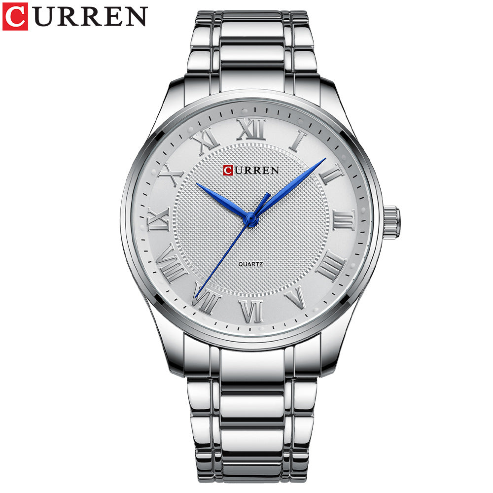 CURREN men's quartz watch with silver-tone steel bracelet and white dial with blue hands
