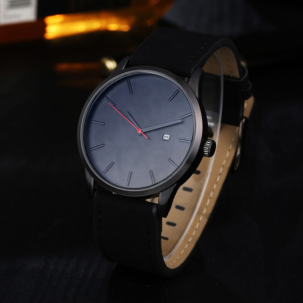 Men's sport watch with dark blue dial and black leather-style strap, red second hand.