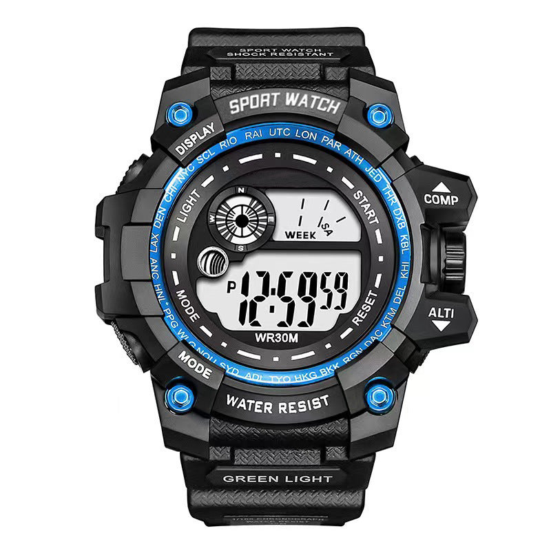 Black sporty digital student watch with blue button accents and backlit display digits