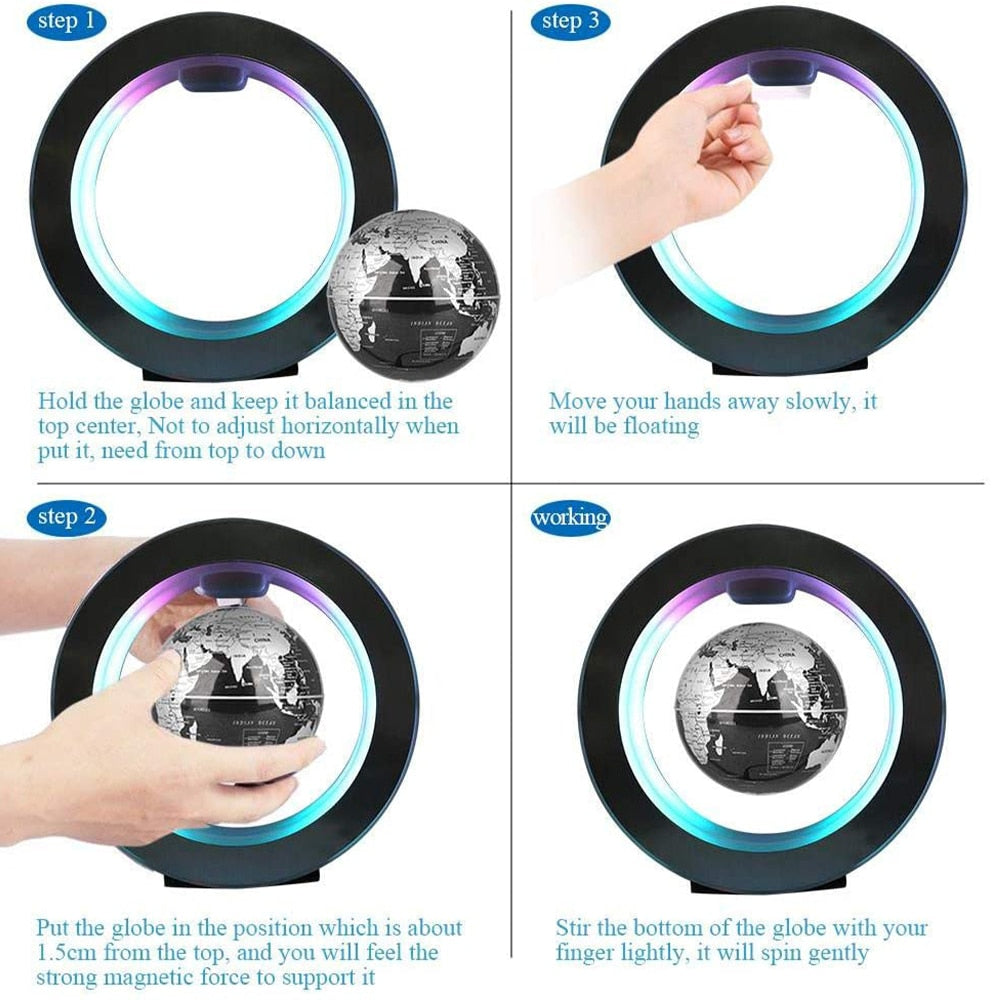 Magnetic levitation LED globe base with glowing ring showing floating and balancing steps