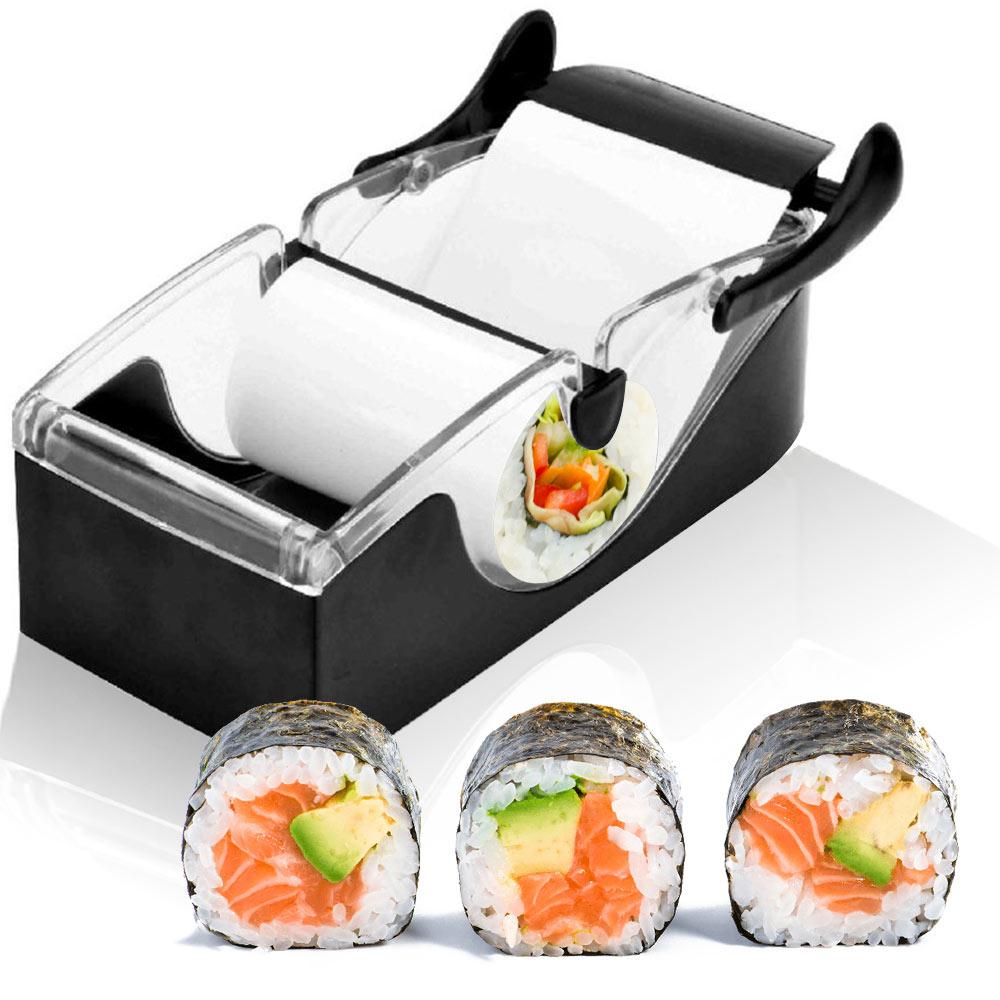 Sushi roll maker mold with clear lid and black base, forming three rolled sushi pieces