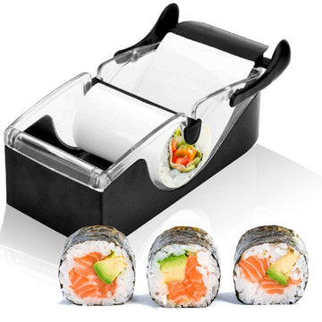 Sushi roll maker mold with clear lid and black base, forming three rolled sushi pieces